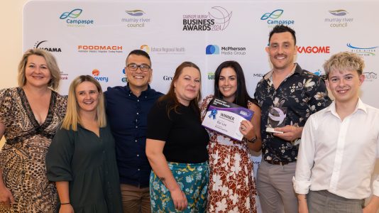 Campaspe Murray Business Awards 2024. Excellence in Hospitality. Deanne Armstrong, Skye Bolch, Cameron Sutton, Jenny Sutton, Jessica Moorhouse, Ryan Moorhouse and Oakley Kerr.